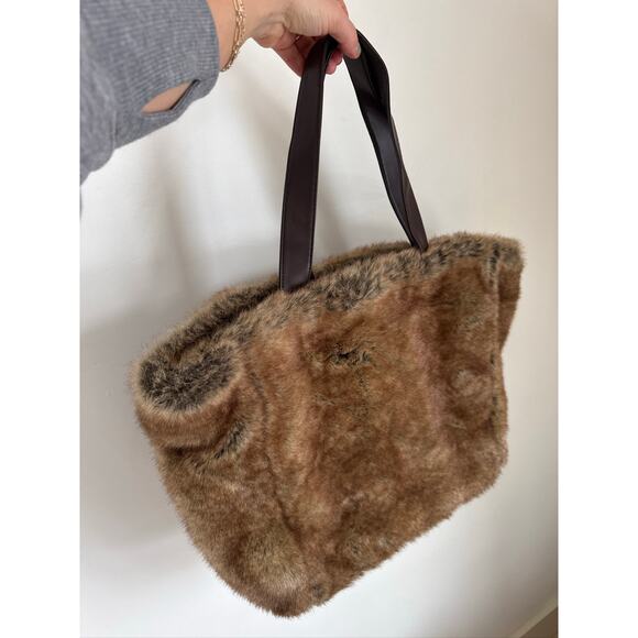 Pottery Barn Faux Fur Hobo Boho Tote Bag - Brown - Picture 1 of 7